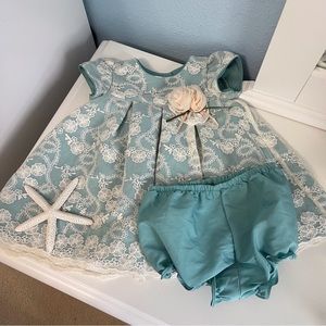 Laura Ashley Embroidered Lace Overlay Dress w/Bloomers 6/9M